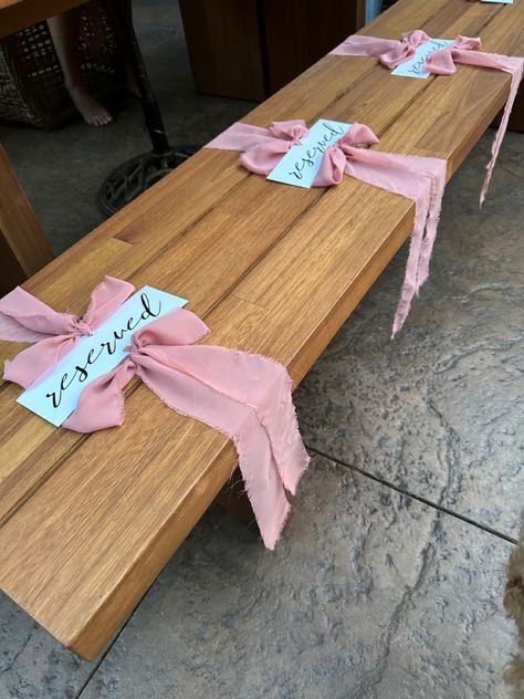 Hand frayed chiffon strips tied onto cardstock with vinyl lettering Reserved Seating Wedding Ceremony, Wedding Benches Seating, Bench Seating Wedding, Wedding Bench Seating, Reserved Seating Wedding, Wedding Bench, Reserved Wedding Signs, Seating Wedding, Wedding Ceremony Seating