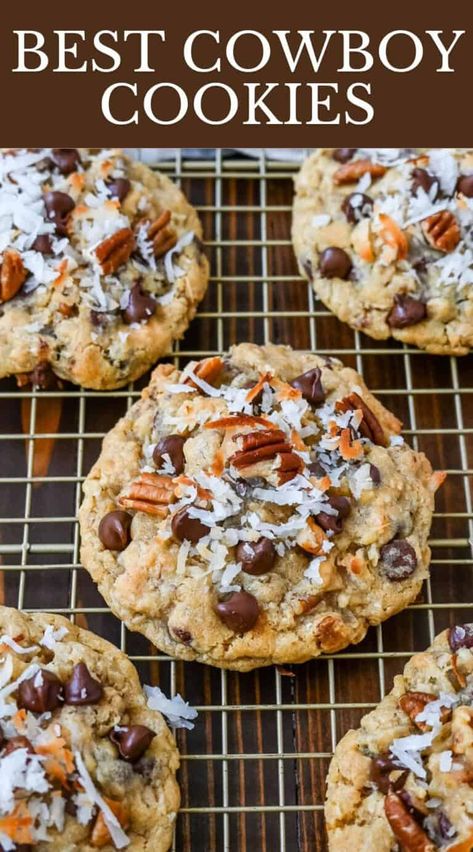 These soft, chewy, chunky Cowboy Cookies are made with oats, chocolate chips, shredded coconut, and pecans making them perfectly sweet, salty, nutty, and hearty. This is the best Cowboy Cookies recipe! Best Cowboy Cookies, Cowboy Cookies Recipe, Coconut Pecan Cookies, Cowboy Cookie Recipe, Oats Chocolate, Coconut Chocolate Chip Cookies, Chocolate Chip Pecan Cookies, Cowboy Cookies, Pecan Cookies