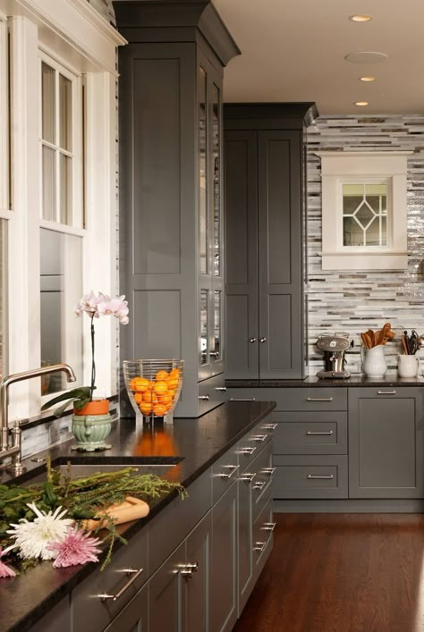 Dark Gray Kitchen Cabinets With Black Countertop, Gray Kitchen Cabinets Dark Countertops, Gray Kitchen Cabinets With Dark Counters, Dark Countertops Grey Cabinets, Gray Cabinets Gray Countertop, Dark Gray Kitchen Cabinets Farmhouse, Gray Kitchen Cabinets With Black Counter, Gray Kitchen Cabinets With Black Countertops, Gunmetal Kitchen Cabinets