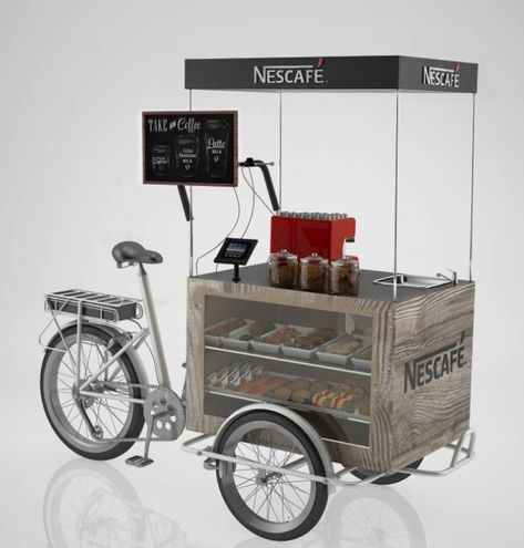 This beautiful coffee bike was designed for just about any beverage service or purpose. This unit has display areas for multiple configurations. Cart-King International will design, manufacture and deliver and cart or kiosk in any size or format. We utilize the best materials such as aluminum and glass in most of our projects as it Bike Food Cart, Popsicle Cart, Foodtrucks Ideas, Bicycle Cart, Gerobak Dorong, Bike Food, Mobile Cafe, Ice Cream Popsicle, Bike Cart