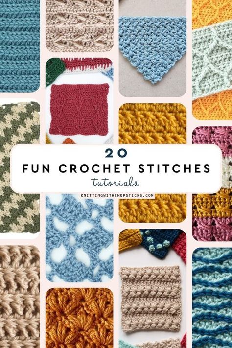 Learning fun crochet stitches is a great way to hone your crochet skills. Pick from 20 cool crochet stitches here to fuel your creativity! Cool Crochet Stitches Free, Different Kinds Of Crochet Stitches, Fun Crochet Stitches For Blankets, Learn Crochet Stitches, Crochet Designs Pattern Stitches, Pretty Crochet Stitches For Blankets, Yarn Saving Crochet Stitches, Crochet Flower Stitches, Textured Crochet Stitches In The Round