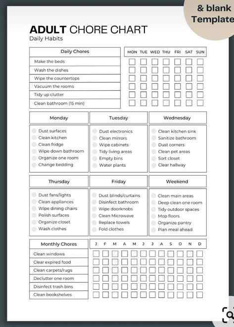 Adult Chore Chart Ideas, House Chores List For Adults, Chore Charts For Adults, Daily Chore List, Adult Chore Chart, Bullet Journal Templates, Chores List, Household Cleaning Schedule, Cleaning Schedule Printable