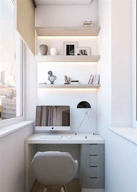 47 Turning Small Balcony into Home Office Ideas - Unique Balcony & Garden Decoration and Easy DIY Ideas Small Balcony Furniture, Built In Desk And Shelves, Balcon Mic, Tiny Home Office, Small Workspace, Small Home Offices, Balcony Furniture, Small Room Design, Small Home Office