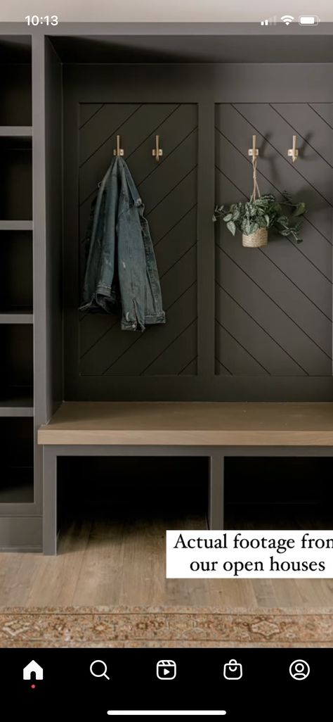 Modern Mudroom Closet, Mud Room Ideas Entryway Modern, Modern Mud Room Bench, Iron Ore Mudroom Bench, Black Lockers Mudroom, Earth Tone Mudroom, Mudroom With Black Cabinets, Mud Room Wall Storage, Black Board And Batten Mudroom