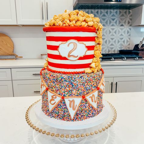 Carnival Theme Party Cake, Second Birthday Circus Theme, Two Ring Circus Birthday, 3 Ring Circus Birthday Party, Three Ring Circus Birthday Party, Carnival Cake Ideas, Circus Cake Ideas, Birthday Cake Two Tier, Carnival Theme Cake