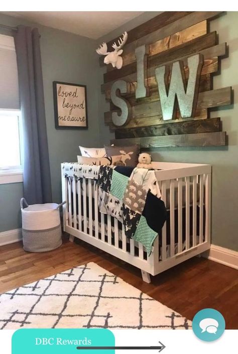 Love the wood accent with the green walls! Navy Crib Bedding, Woodland Baby Bedding, Baby Boy Bedding Sets, Baby Toddler Bed, Woodland Crib Bedding, Crib Bedding Boy, Baby Room Themes, Boys Crib, Baby Boy Bedding