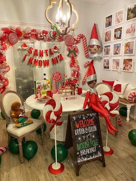 Elf On The Shelf Themed Christmas Party, Elf On The Shelf Birthday Party Ideas, Elf On The Shelf Party Theme, Elf On The Shelf Christmas In July, Polar Express Breakfast For Kids, Christmas In July Elf On The Shelf, Elf On The Shelf Birthday Party, Elf On The Shelf Party, Christmas North Pole Breakfast