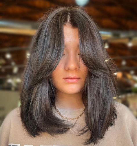 Long Bob Hair With Curtain Bangs, Short To Medium Straight Haircuts, Lob Hairstyle With Curtain Bangs, Longer Curtain Bangs Short Hair, Mid Length Lob With Curtain Bangs, Dark Brown Lob With Curtain Bangs, Mid Hair Curtain Bangs, Short Chocolate Brown Hair With Bangs, Armpit Length Haircut With Layers And Curtain Bangs