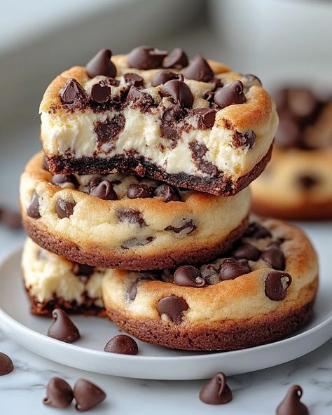 "WOULD YOU EAT THIS TREMENDOUS 🍪 Chocolate Chip Cheesecake Cookies 🧀? Satisfy your sweet tooth and cheesecake cravings in one delightful bite! Perfect for busy bees who need a quick dessert fix. 🍽️ Ingredients 🍽️ - 1 teaspoon vanilla extract - 1/2 teaspoon baking powder - 1 cup granulated sugar - 1 1/4 cups all-purpose flour - 1/2 cup unsalted butter, softened - 1 large egg - 8 oz cream cheese, softened - 1/4 teaspoon salt - 1 1/2 cups semi-sweet chocolate chips 🧑‍🍳 Directions 🧑‍🍳 1. Start... Chocolate Chip Ideas, Large Desserts, Cream Cheese Baking Chips, Things To Do With Chocolate Chips, Cookies Cream Cheese, Chocolate Chip Cream Cheese Cookies, Cookies And Cream Pie, Cheesecake Stuffed Chocolate Chip Cookie, Chocolate Chip Cheesecake Cookies