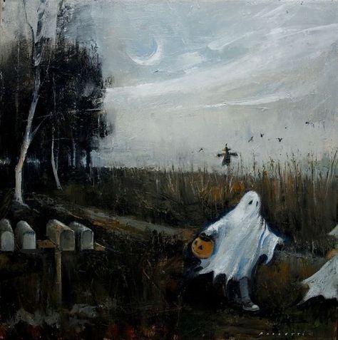 Halloween Painting Landscape, Halloween Folk Art Painting, Halloween Landscape Art, Halloween Oil Painting, Scary Halloween Paintings, Diy Halloween Paintings On Canvas, Ghost Painting Canvas, Ghost Paintings, Halloween Landscape