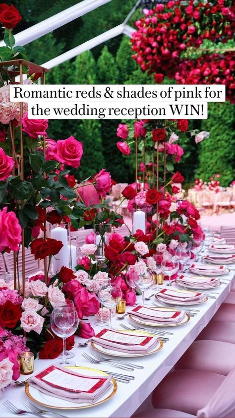 Romantic reds & shades of pink for the wedding reception WIN! in 2022 | Romantic wedding decor, Wedding flowers, Wedding decorations Rose Garden Party Ideas, Welcome Dinner Wedding Decor, Fushia Centerpieces Ideas, Round Flower Arrangements Shape, Romcom Wedding Theme, Hot Pink And Burgundy Wedding, Pink And Red Decor Party, Shades Of Pink Table Setting, Brunch Decorations Table Centerpieces