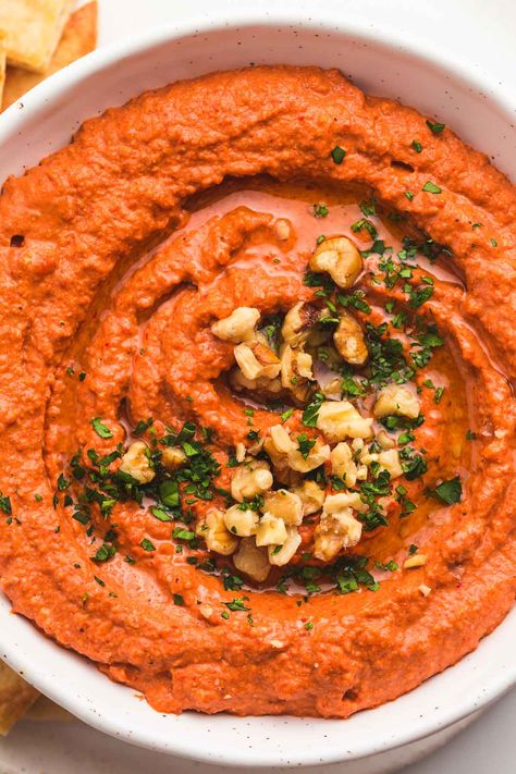 Muhammara is a Middle Eastern roasted red pepper and walnut dip. It's sweet, savory, slightly smoky, earthy, and a little spicy! Muhammara Dip, Muhammara Recipe, Walnut Dip, Roasted Red Pepper Dip, East Recipes, Midnight Munchies, Quick Appetizer, Vegan Dips, Stuffed Pepper Dip