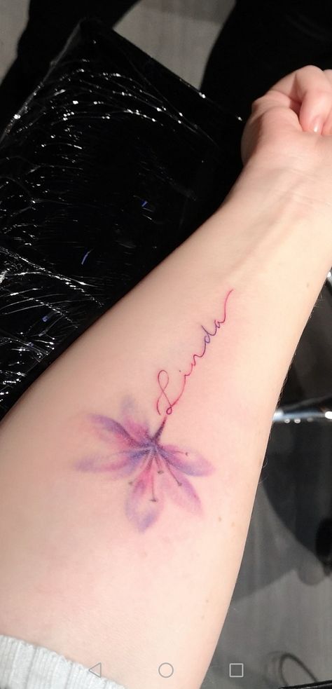 Lily And Name Tattoo, Lilly Tattoo With Name, Water Lily Name Tattoo, Yellow Lily Tattoo, Lily Name Tattoo, Waterlilly Tattoo, Baby Breath Tattoo, Last Name Tattoos, Just Breathe Tattoo