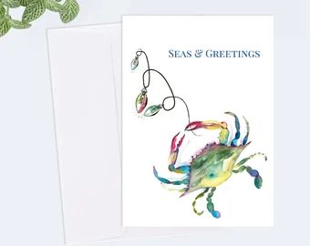 Crab christmas cards | Etsy Beach Christmas Cards, Blue Crab Watercolor, Seas And Greetings, Beach Christmas Card, Folded Christmas Cards, Crab Watercolor, Watercolor Beach, Watercolor Christmas Cards, Beach Christmas