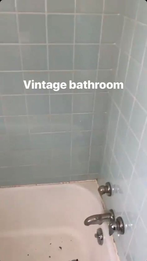 Grey Blue Tiles Bathroom, Tile Bathroom Walls Makeover, Mid Century Tiled Bathroom, Blue Bathroom Vintage, Old Blue Bathroom Ideas, Retro Blue Bathroom Update, Old Tiled Bathroom Makeover, Bathroom With Light Blue Tile, Blue Tile Grey Grout