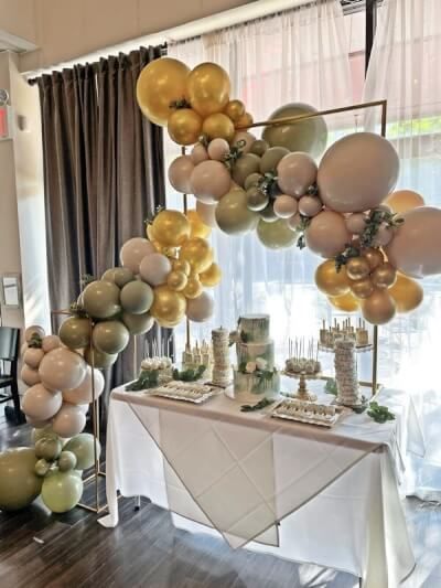 Balloon Arch Over Dessert Table, Dessert Table Balloon Garland, Table Top Balloon Arch, Book Themed Birthday Party, Wildflower Birthday Party, Party Decorations Table, Flowers Balloons, Dessert Decor, Gender Reveal Party Theme