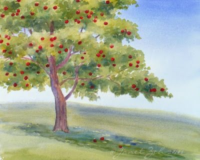 Diy Wood Tree, Apple Tree Drawing, Watercolor Cottage, Painted Apple, Tree Wallpaper Iphone, Tree Painting Canvas, Watercolor Scenery, Birch Tree Art, Bridge Painting