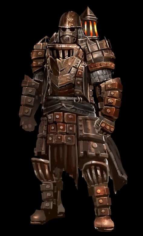 Furnace/Cast metal armour forged from stolen and miscast scrap Warforged Blacksmith, Steampunk Armor Art, Dnd Artificer Armourer, Metal Golem, Steampunk Armour, Scrap Robot, Warforged Dnd, Metal Armour, Iron Golem