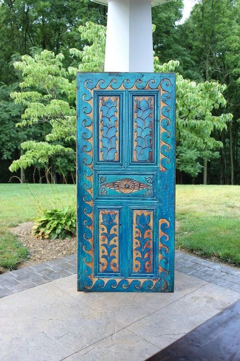 Hand-carved Solid Wood Barn Door, Vintage Blue Exterior, Entrance Front Door, Double,Single, Sliding or Regular interior Doors, Cabinet Door by WoodCraftedByAnton on Etsy Hand Painted Front Door, Unique Doors Interior, Doors Exterior Entrance, Front Door Double, Unique Front Door, Sliding Interior Doors, Exterior Entrance, Unique Front Doors, Wood Barn Door