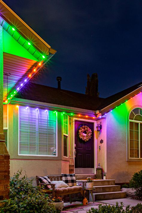 Light up your Halloween with Trimlight's versatile lighting solutions. Create eerie ambiance effortlessly! Programmable Christmas Lights, Permanent Christmas Lights, Soffit Lighting, Lighting Pattern, Led Color Changing Lights, Spooktacular Halloween, Outdoor Holidays, Event Lighting, Residential House