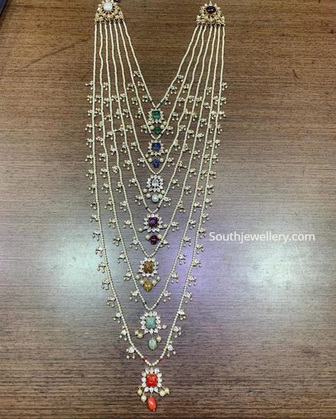 Navratna satlada necklace photo Satlada Necklace, Kids Gold Jewelry, Necklace Photo, Black Beads Mangalsutra Design, Diamond Wedding Jewelry, Pearl Jewelry Design, Beautiful Gold Necklaces, Jewelry Set Design, Beaded Necklace Designs