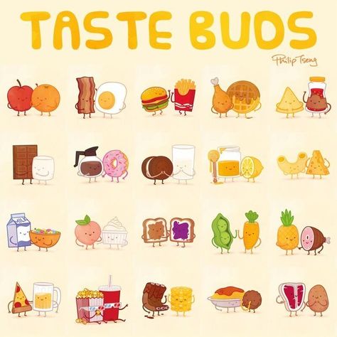 Designer and illustrator Philip Tseng recently completed his adorable food pairs series, Taste Buds. Adorable Food, Food Tattoos, Foods And Drinks, Images Kawaii, Fun Quizzes, Food Pairings, Kawaii Food, Whimsical Illustration, Food Drawing