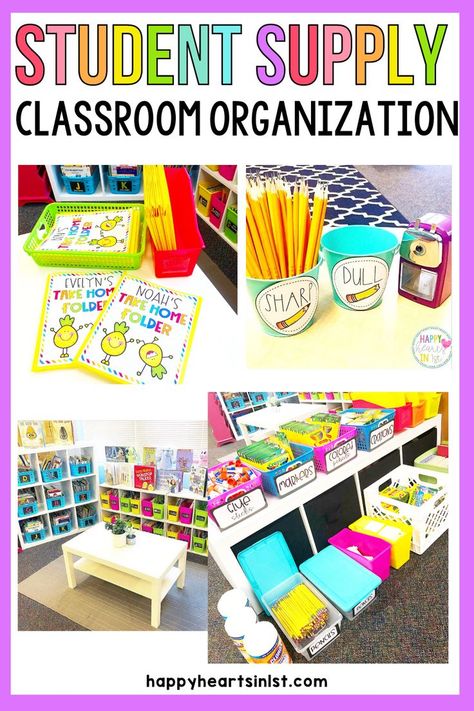 Student Supply Organization Ideas, Tips for Classroom Organization Systems Blog Post from Happy Hearts in 1st : Student Supply Labels, Classroom Library, Sharp and Dull Pencil Labels, Take Home Folder Covers Classroom Student Supply Organization, Student Supply Organization, First Grade Organization, Classroom Organization Ideas, Classroom Supplies Organization, Kindergarten Classroom Organization, Preschool Supplies, Classroom Wishlist, Supply Organization