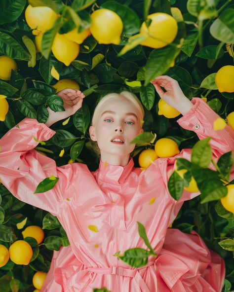 A birds eye view from lemon tree to her head, close-up view to her head, unclear smile on her face, her hands on the ground on the both sides, wearing pink rain coat, her legs are open to sides, sitting full height against the tree. Highly amount leaves are falling down from tree, floating on the air, Environment has green tones. The aesthetics of the photoshoot are in the style of Guy Bourdin, from a Vogue editorial shoot, with a hyperrealistic, high resolution style and bold colors.  A Tree With Falling Leaves, Moody Photoshoot, Pink Portrait, Pink Raincoat, Inspirational Digital Art, Pink Rain, Vogue Editorial, Guy Bourdin, Editorial Shoot