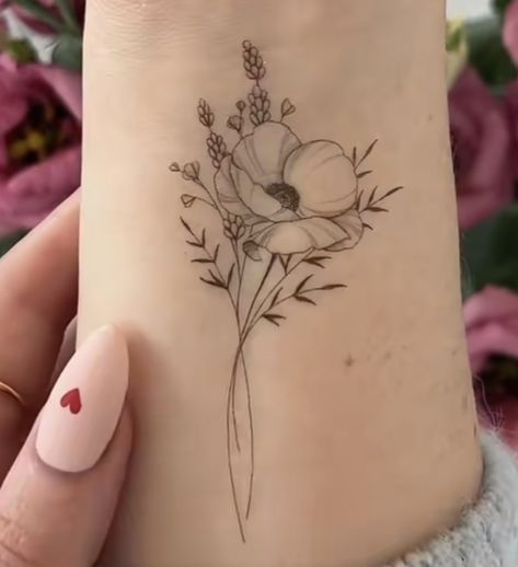 Delicate Poppy Flower Tattoo, June And August Flower Tattoo, August Poppy Tattoo, Bee And Poppy Tattoo, Poppy Ankle Tattoo, Poppy And Bee Tattoo, Poppy Tattoo Ankle, Poppy Leg Tattoo, Boho Floral Tattoo