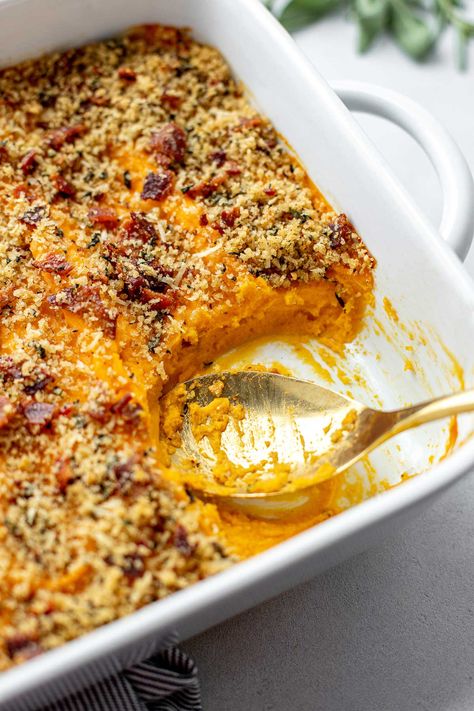 Savory Sweet Potato Casserole with Herbed Bacon Breadcrumbs | PWWB Sage Sweet Potato, Whipped Sweet Potato Casserole, Sweet Potato Recipes For Thanksgiving, Savory Sweet Potato Casserole, Savory Sweet Potato Recipes, Savory Sweet Potato, Whipped Sweet Potatoes, Sweet Potato Thanksgiving, Yam Or Sweet Potato