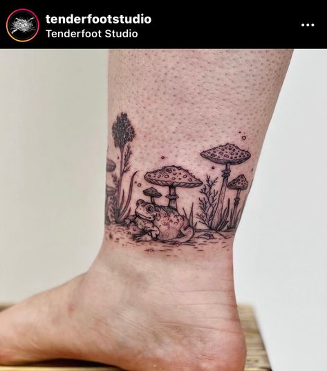 Toad and mushroom ring tattoo Mushroom Inspired Tattoos, Mushroom Hand Tattoos For Women, Mushroom Tattoo Around Arm, Mushroom Tattoo Stencil Outline, Veggie Tales Tattoo, Mushroom Wrist Band Tattoo, Earthy Ankle Tattoo, Mr Toad Tattoo, Couples Mushroom Tattoo