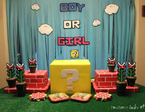 Dennis and Richelle's Super Mario Gender Reveal Super Mario Gender Reveal Party, Mario Gender Reveal Ideas, Nerd Gender Reveal, Mario Bros Gender Reveal, Super Mario Bros Gender Reveal, Mario Kart Gender Reveal, Mario Themed Gender Reveal, Video Game Baby Shower Theme, Video Game Gender Reveal