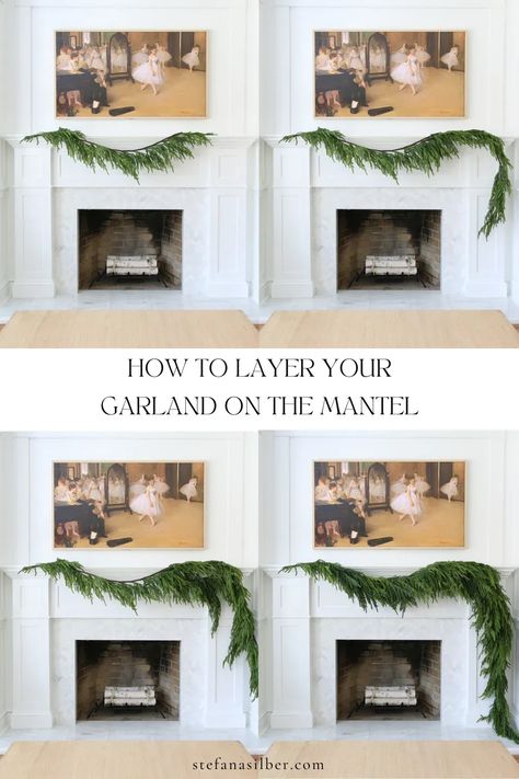 How To Hang Christmas Garland On A Mantle, Christmas Mantels Modern, Harth Fireplace Christmas Decor, One Sided Garland Mantle, Year Round Mantle Garland, Mantle Christmas Decor Ideas Stocking, Hang Christmas Garland, Greenery On Mantle Christmas, Garland Above Fireplace