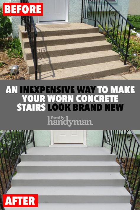 An Inexpensive Way to Make Your Worn Concrete Stairs Look Brand New Concrete Stairs Front Porch, Outdoor Concrete Stairs Ideas, Front Steps Makeover Concrete, Concrete Porch Steps Makeover, Outdoor Cement Stairs Makeover, Painted Concrete Stairs Outdoor, Painting Concrete Stairs Exterior, Diy Front Porch Concrete Makeover, Diy Concrete Steps Makeover