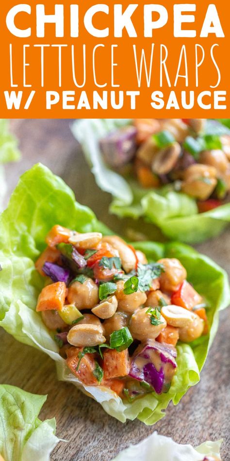 These Chickpea Lettuce Wraps with Peanut Sauce are flavorful, refreshing and perfect for summer! They're quick and easy to throw together and can be served at room temperature or chilled. Make these delicious plant based lettuce wraps for lunch, snacks or appetizers and enjoy. #lettucewrap #plantbased #chickpeasalad #peanutsauce #glutenfree Lettuce Wraps Vegetarian, Lettuce Wraps With Peanut Sauce, Chickpea Lettuce Wraps, Wraps For Lunch, Chickpea Recipes Easy, Easy Lettuce Wraps, Vegan Lettuce Wraps, Vegetarian Lettuce Wraps, Chickpea Recipe