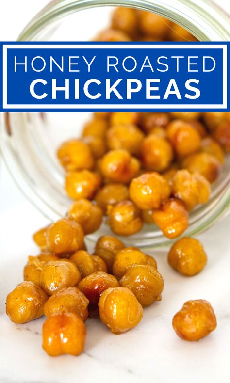 Honey Mustard Chickpeas, Roasted Chickpeas Sweet, Dill Pickle Roasted Chickpeas, Sweet Chickpeas Snack, Sweet Roasted Chickpeas, Honey Packing Ideas, Toasted Garbanzo Beans, Garbanzo Bean Snack Recipes, Chic Peas Recipes Snacks