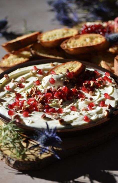 Holiday Whipped Feta Dip. Pomegranate Dip, Corrigan Sisters, Whipped Feta Dip, Yule Tide, Cream Cheese Appetizer, Homemade Food Gifts, Crowd Pleasing Appetizers, Feta Dip, Whipped Feta