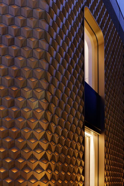 Klein Dytham Architecture creates intricate wooden shop front for Cartier Facade Detail, Japanese Hotel, Wood Facade, Wooden Facade, Hinoki Wood, Facade Lighting, Technical Skills, Shop Windows, Japan History