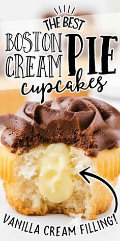 Cream Pie Cupcakes, Creme Cupcake, Boston Cream Cupcakes, Boston Cream Pie Cupcakes, Cupcakes From Scratch, Boston Aesthetic, Vanilla Cream Filling, Fluffy Cupcakes, Pie Cupcakes