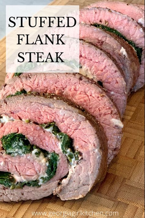 Stuffed Flank Steak is a perfect meal for any special occasion! This beautiful main course is a tenderized flank steak stuffed with goat cheese, mushrooms, and spinach. Grill it or bake it for a sophisticated, delicious dinner! #flanksteak #holidayrecipe #christmasdinner #entertaining #beefrecipesfordinner #georgiagirlkitchen Recipes For Flank Steak, Chicken Recipes Tacos, Flank Steak Stuffed, Stuffed Steak, Lunch Casserole, Stuffed Flank Steak, Steak Nachos, Pork Pizza, Flank Steak Recipes