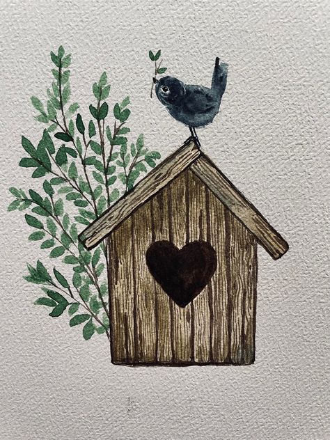 Bird House Watercolor, Birdhouse Watercolor, Bird House Painting Ideas, Bird House Art, Watercolor Birdhouse, Bird Nest Painting, Watercolour Bird, Watercolor Art Landscape, Watercolour Card