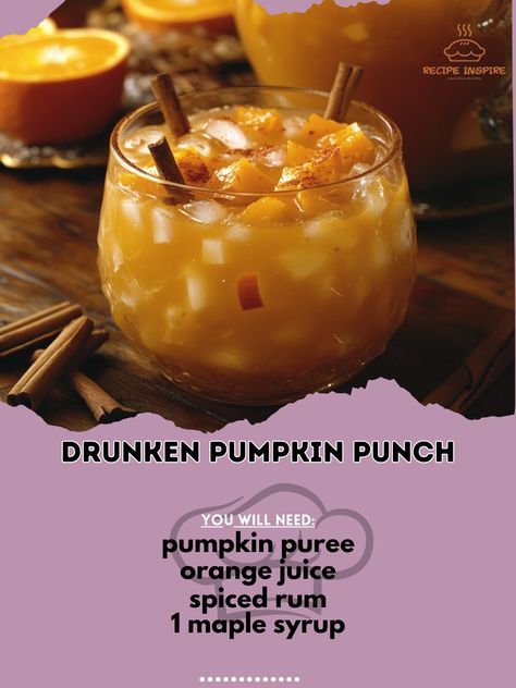 🎃🍹 Get into the fall spirit with our Drunken Pumpkin Punch - a delicious and boozy treat perfect for any gathering! Recipe: Drunken Pumpkin Punch Ingredients: - 1 cup pumpkin puree - 1 cup orange juice - 1 cup spiced rum - 1/2 cup maple syrup - 1 tsp cinnamon - 1/2 tsp nutmeg - 2 cups ginger beer - Sliced oranges and cinnamon sticks for garnish Instructions: 1. In a large pitcher, combine pumpkin puree, orange juice, spiced rum, maple syrup, cinnamon, and nutmeg. 2. Stir well until everyth... Drunken Pumpkin, Pumpkin Punch, 1 Cup Pumpkin Puree, Sliced Oranges, Recipes Tutorials, Spiced Rum, Ginger Beer, Pumpkin Puree, Orange Juice