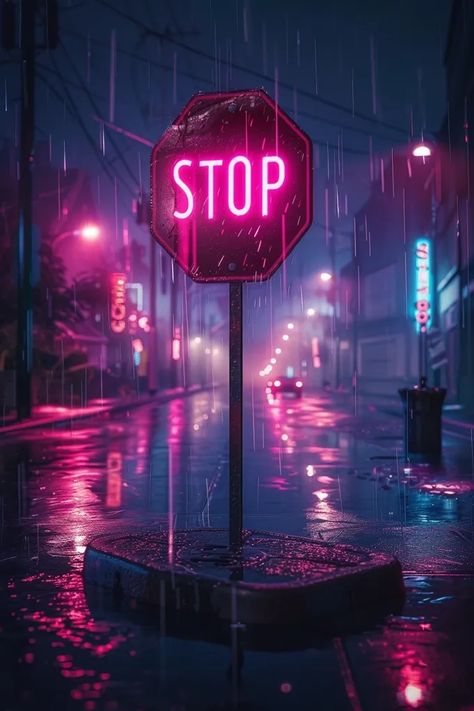 Midjourney AI Image: a stop sign with neon pink lights in a rainy night scenery --ar 2:3 → more in ai-img-gen.com Pink Sign Aesthetic, Lofi Painting, Pink Stop Sign, Neon Pink Lights, Neon Lights Aesthetic, Neon Pink Aesthetic, Cyberpunk Vibes, Pink Lights, Neon Artwork