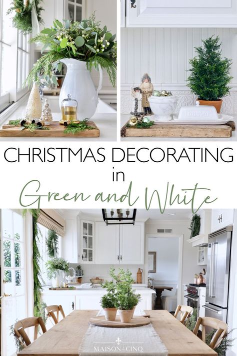 Looking for ideas for Christmas decorating? We decked out the kitchen in shades of sage green and white, along with lots of greenery, for a serene but festive take on the season! Soft & Subtle Holiday Decor ideas ---> #maisondecinq christmasdecor holidaydecor neutralchristmas frenchfarmhouse frenchcountry europeanfarmhouse countryfrench frenchchristmas frenchcountrychristmas Sage Green Christmas Decor, Shades Of Sage Green, Vintage Terracotta Pots, Holiday Decor Ideas, French Country Christmas, Cozy Christmas Decor, Christmas Entertaining, Country Christmas Decorations, Gold Christmas Decorations