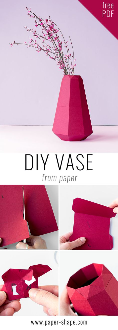 DIY Paper Flower Vase Sleeve with free template. It looks so lovely and is pretty easy to make (with pictures and how to video) / PaperShape #vases #paper #diyhomedecor Origami Vase, Paper Flower Vase, Origami Lamp, Tutorial Origami, Origami Ball, Fleurs Diy, Origami Rose, Paper Vase, Vase Crafts