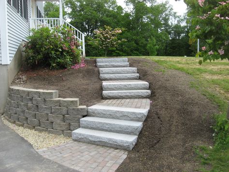 front yard stone walkways | Walkway, Retaining Wall, Granite Steps and Brick Headwall – Kingston ... Steps From Driveway To Front Door, Front Walkway With Steps, Steps In Yard Walkways, Front Walkway Paver Ideas, Retaining Wall With Steps, Steep Hillside Steps Outdoor Stairs, Paver Steps On Slope, How To Build Steps On A Slope Outdoor Stairs, Block Retaining Wall With Steps