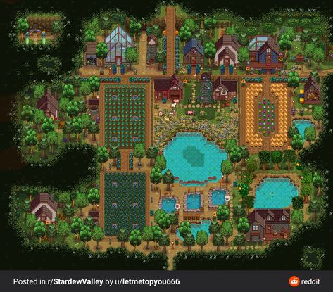 Forest Farm Layout, Stardew Valley Farm Ideas, Stardew Valley Farm Layout, Farm Layouts, Stardew Farm, Stardew Farms, Cottagecore Farm, Stardew Valley Ideas, Stardew Valley Farm