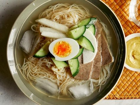 Mul Naengmyeon Recipe | Food Network Kitchen | Food Network Naengmyeon Recipe, Mul Naengmyeon, Radish Kimchi, Korean Soup, Korean Grocery, Beef Shank, Korean Barbecue, Cold Noodles, Kim Chi