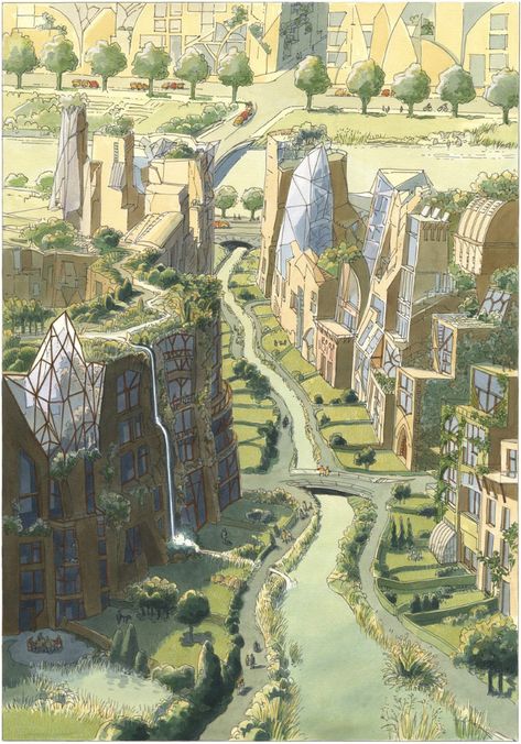 Solar City, Solar Punk, Futurisme Retro, Eco City, Green City, Fantasy City, Fantasy Places, Fantasy Setting, Future City