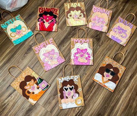 Custom gift bags!! Available for purchase on my Etsy!! Perfect for birthdays, bachelorette events, and more! 🤩🫶🏼💕 #bag #banner #paperbag #art #paint #painter #artwork Painted Gift Bags, Nyc Bachelorette, Big/little Baskets, Birthday Bags, Princess Painting, Birthday Painting, Paint Inspo, Artsy Ideas, Custom Gift Bags